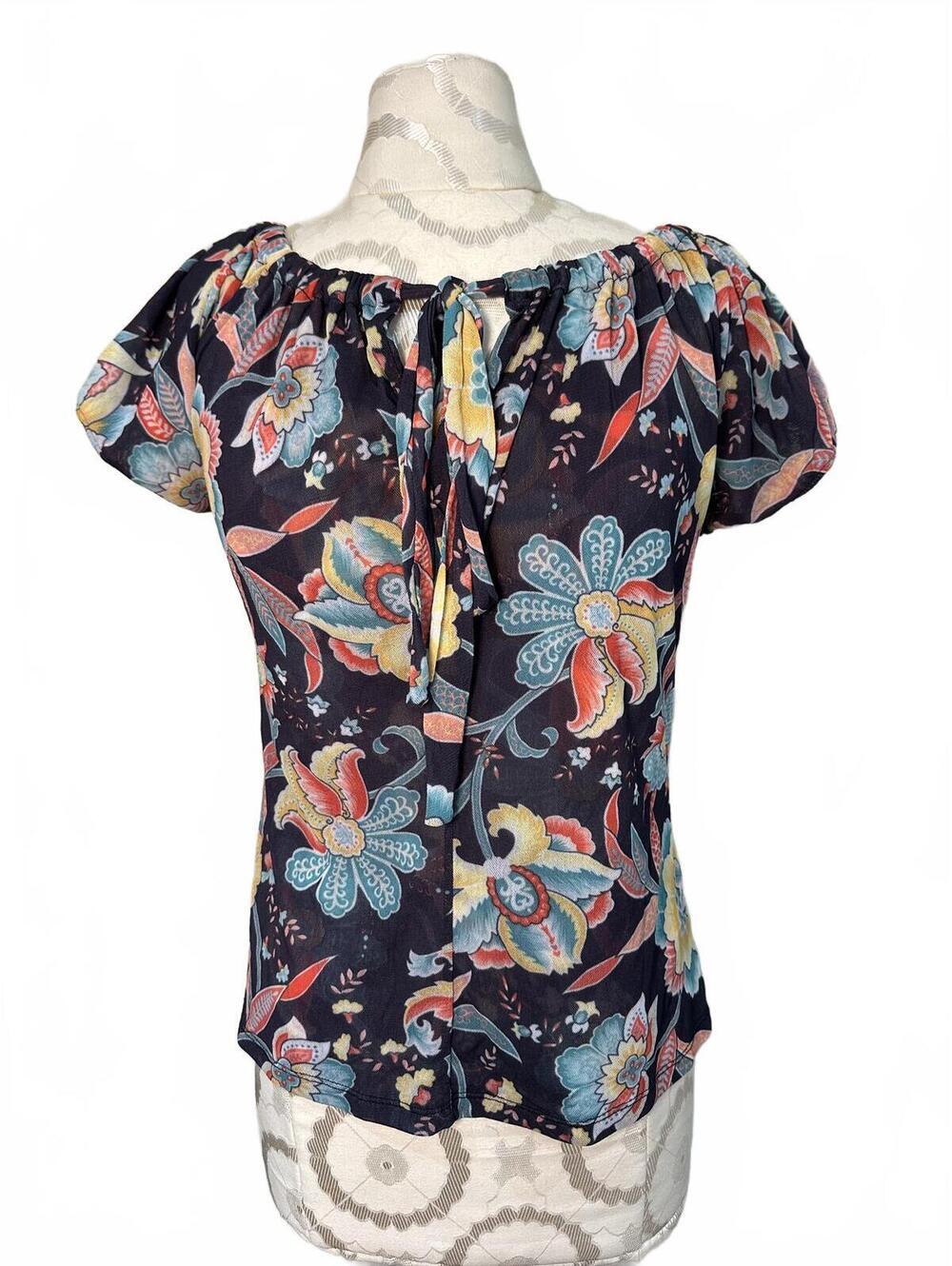Women's Black Floral Off-Shoulder Tie-Neck Blouse Size Medium